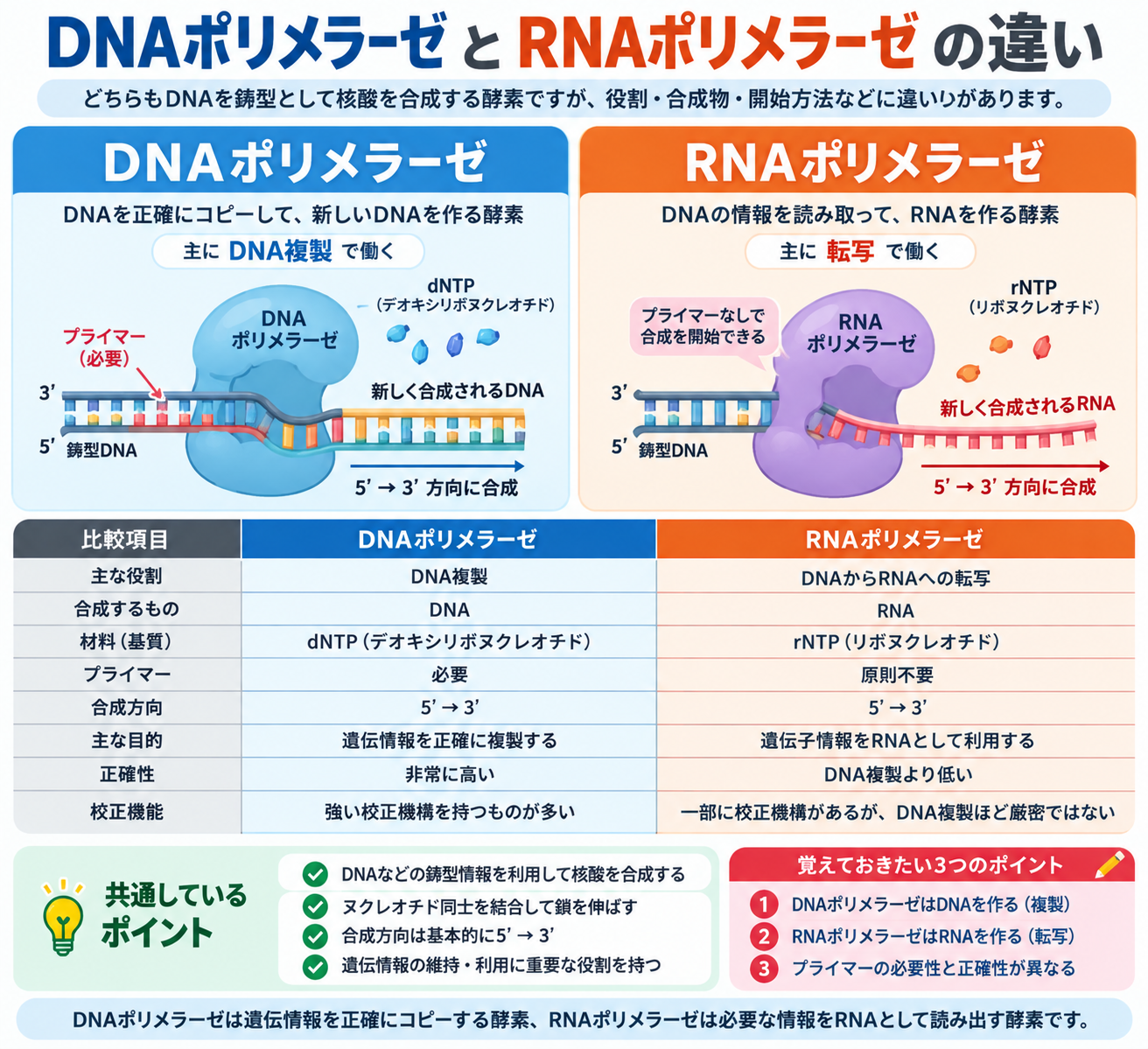 DNAポリメラーゼ RNAポリメラーゼ 違い：役割・合成物・開始方法 | DNAポリメラーゼ RNAポリメラーゼ 違い：役割・合成物・開始方法