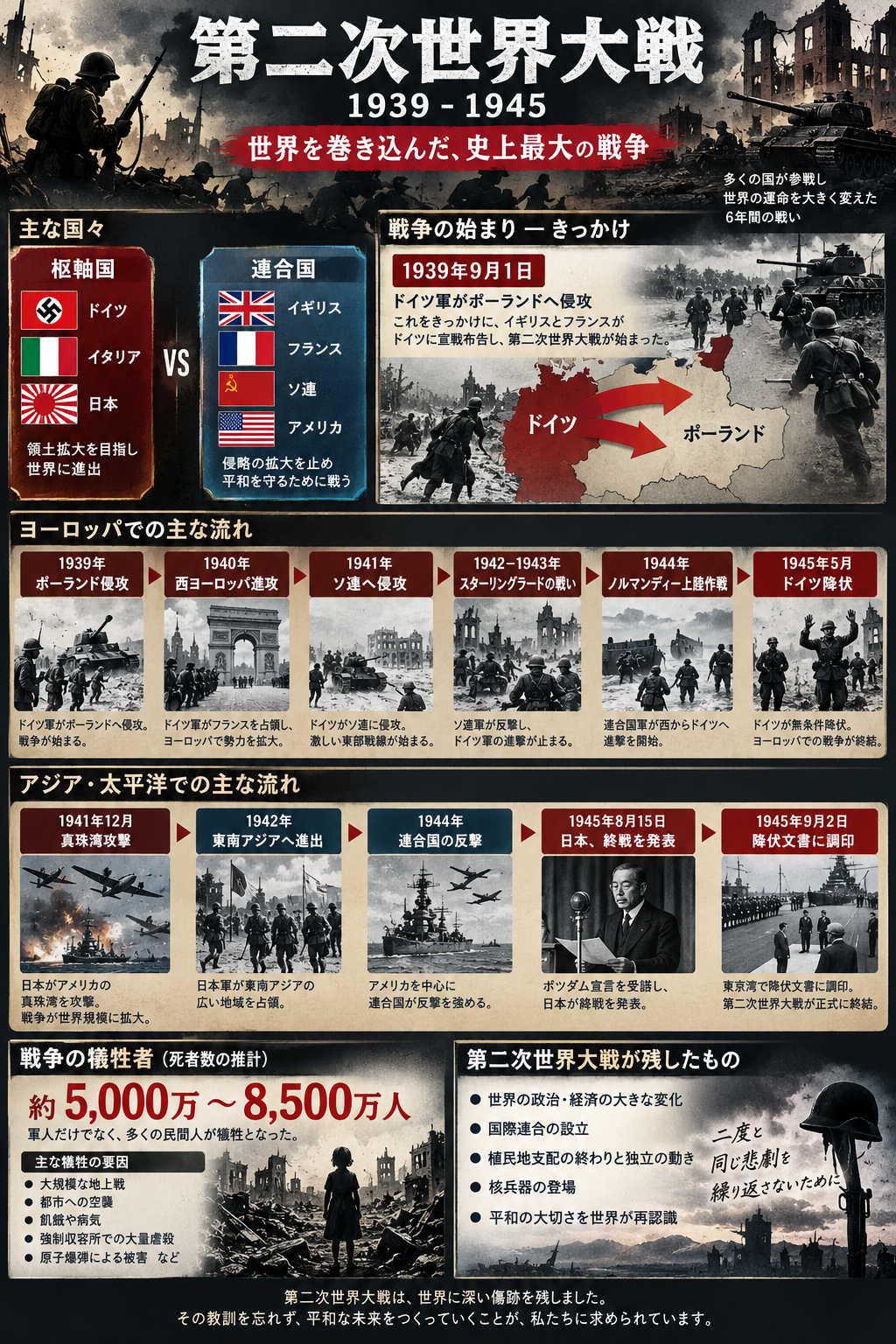 第二次世界大戦とは？きっかけ・いつから始まったのか・ヨーロッパでの流れ・死者数・終戦日をわかりやすく解説